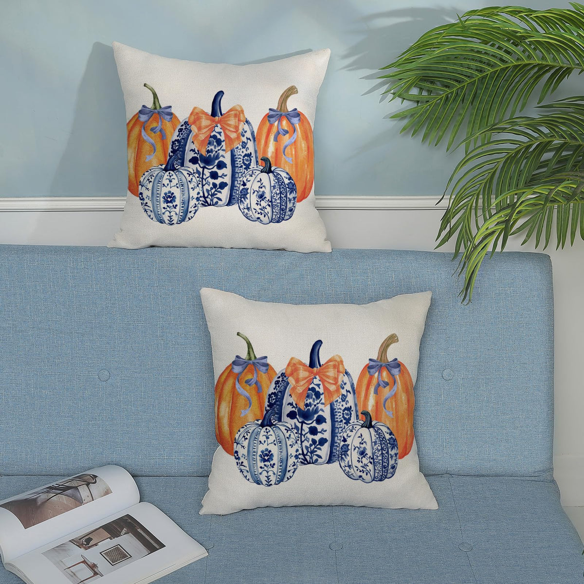 Fall Pillow Covers 22x22 Pack of 2 Chinoiserie Blue and Orange Pumpkin Throw Pillow Cover Outdoor, Fall Thanksgiving