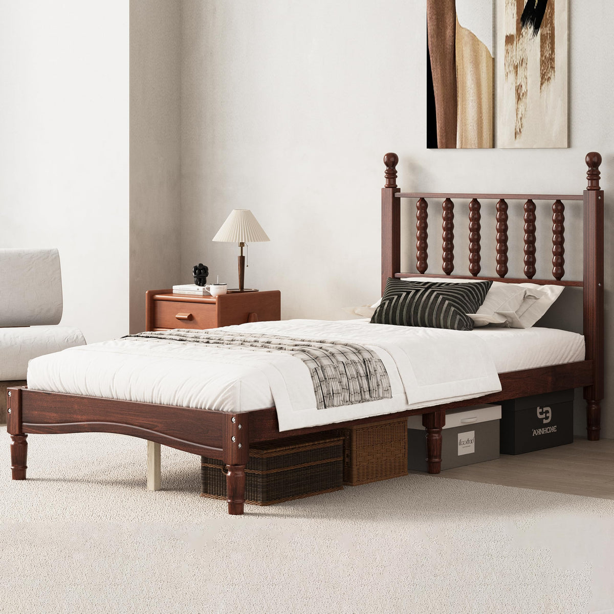 Walnut Wood Bed Frame Traditional with Spindle Headboard, Vintage Platform Bed Frames, Retro Bedframe