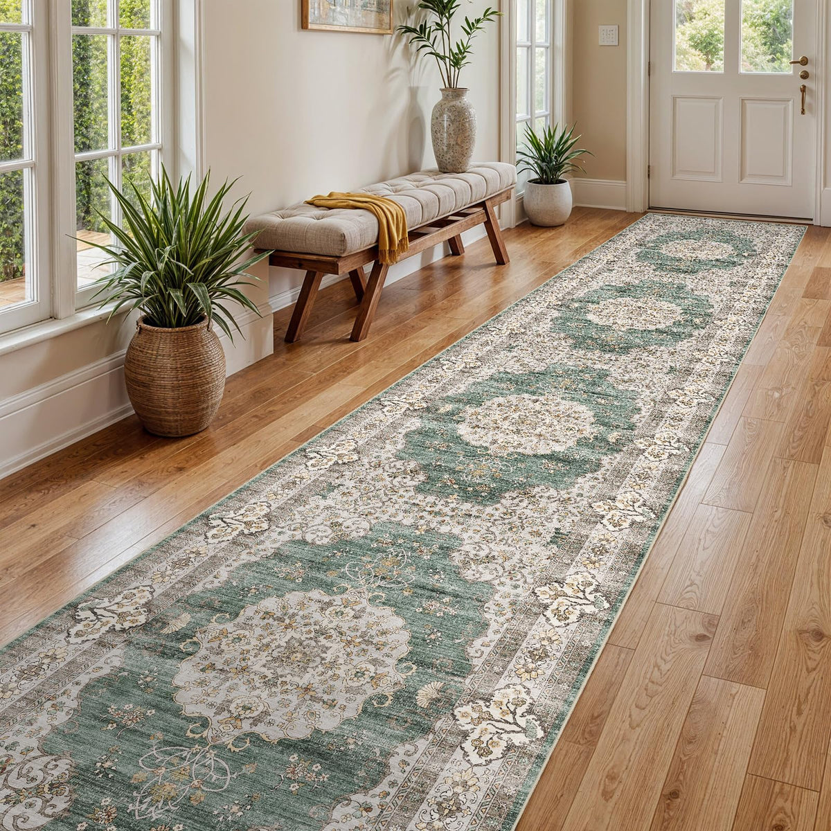 3x20 Runner Rug Washable Vintage: Non Slip Long Hallway Runners Green/Beige