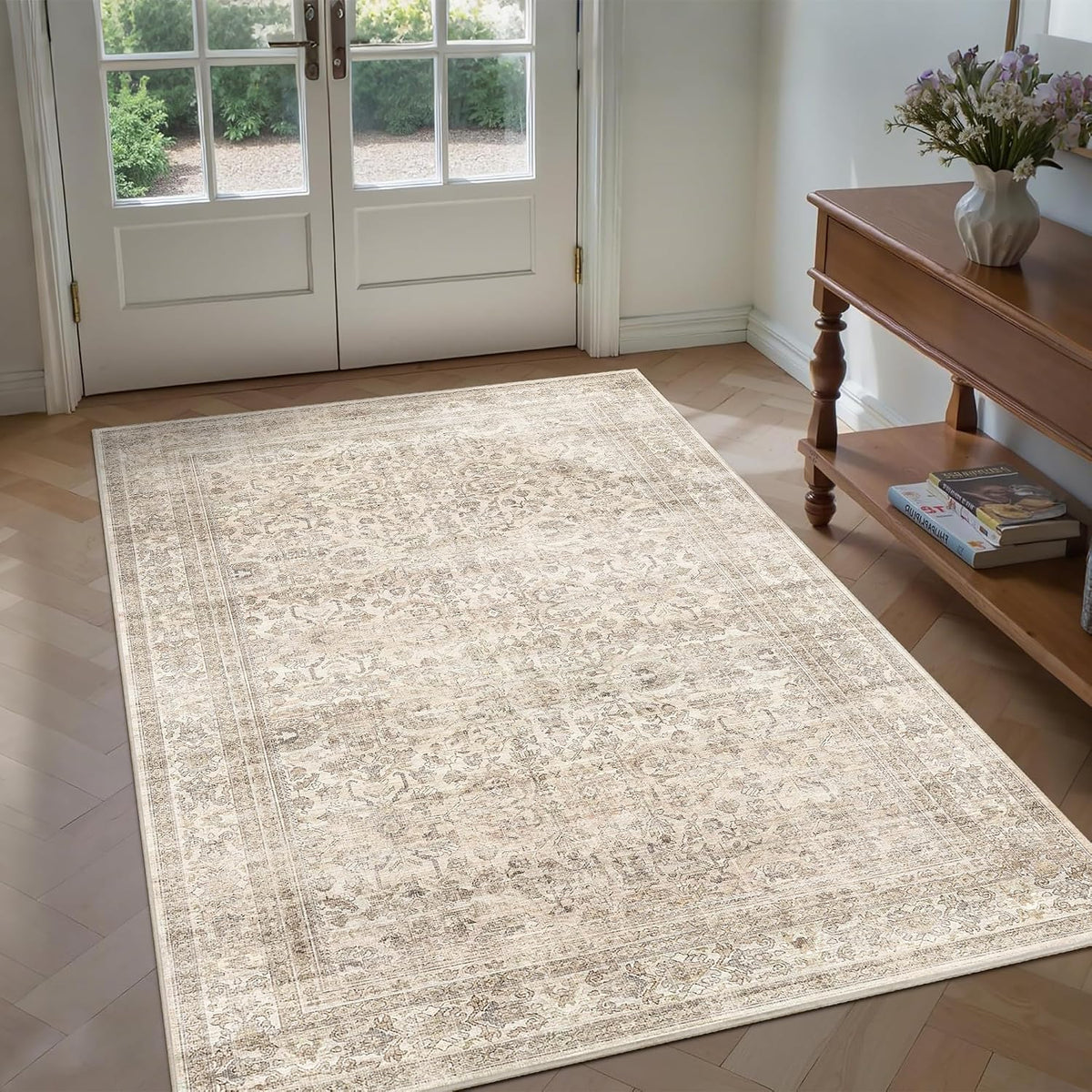 Washable Area Rugs Vintage Floral Non Slip Entryway Rug Beige