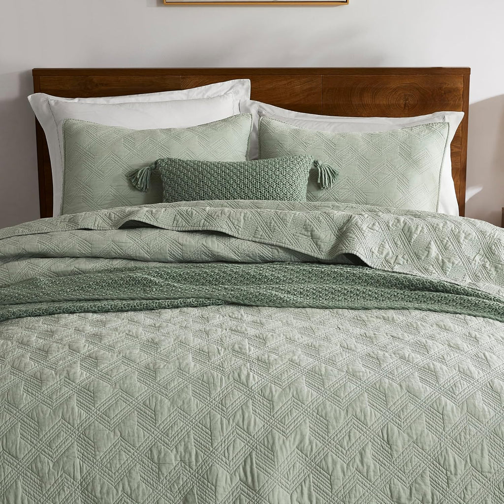 100% Cotton Quilt Set - Sage Green Pre-Washed Soft Lightweight Modern Bedspread, Farmhouse Country Rustic