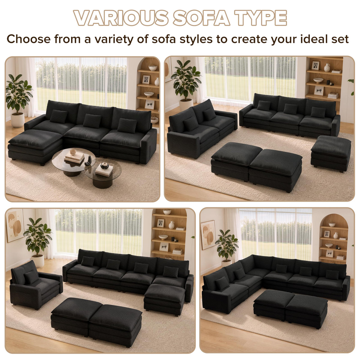 Modular Sectional Sofa with 3 Movable Ottomans, 107" Cloud Couch Sectional