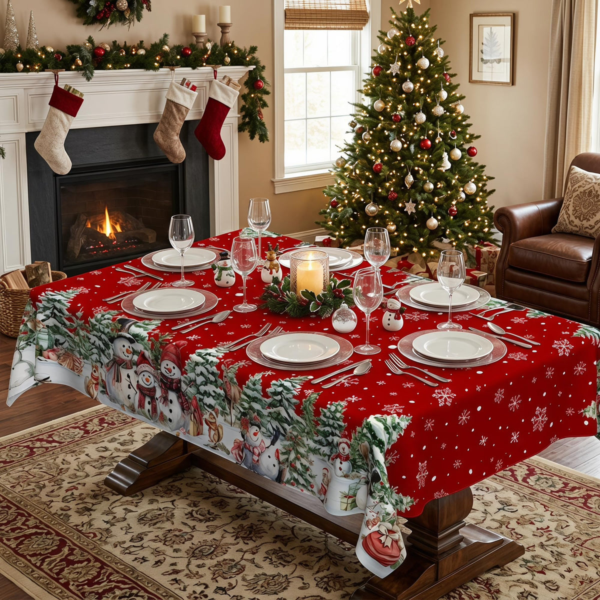 Christmas Tablecloth 60 x 120 Inch Snowman | Winter Trees Seasonal Washable Table Cover for Party Picnic Dinner Decor