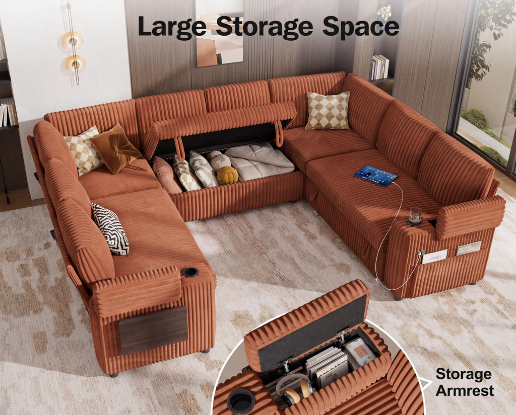 111" Modular Sectional Sleeper Sofa with Pull Out Bed, 8 Seat Plush Corduroy U Shaped Couch with Storage Chaise|USB