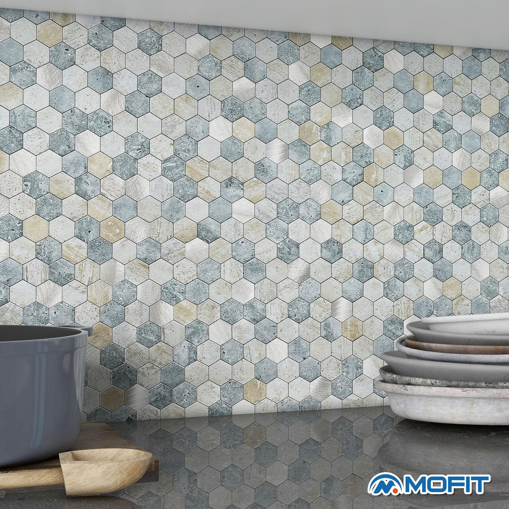 Peel and Stick Backsplash Hexagon Marble Tiles Blue Green 10pcs