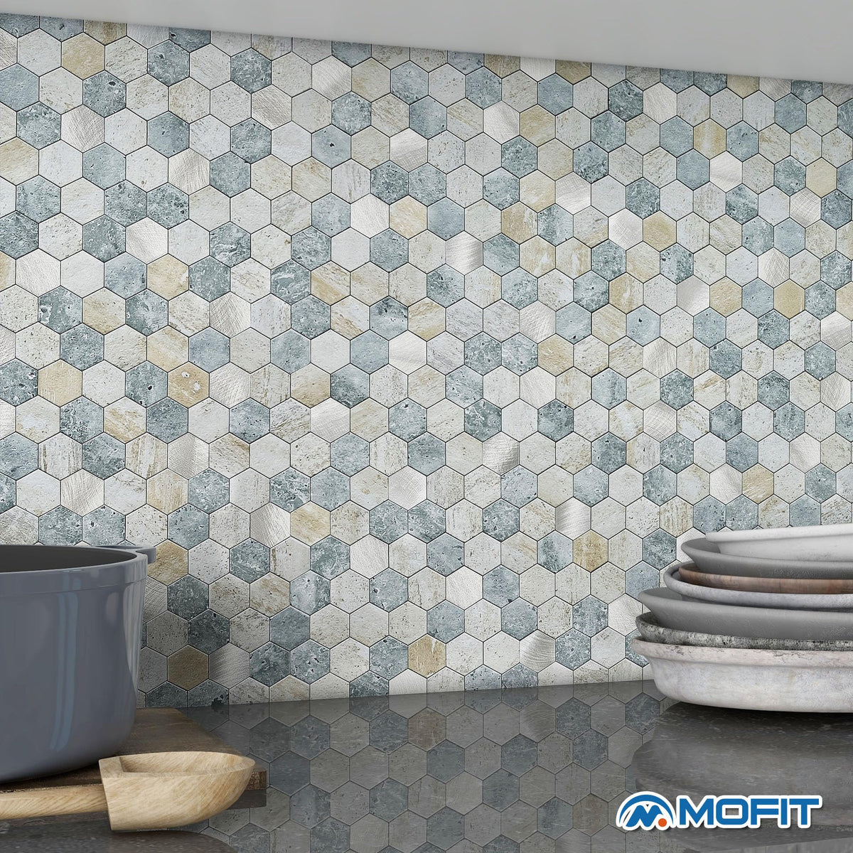 Peel and Stick Backsplash Hexagon Marble Tiles Blue Green 10pcs