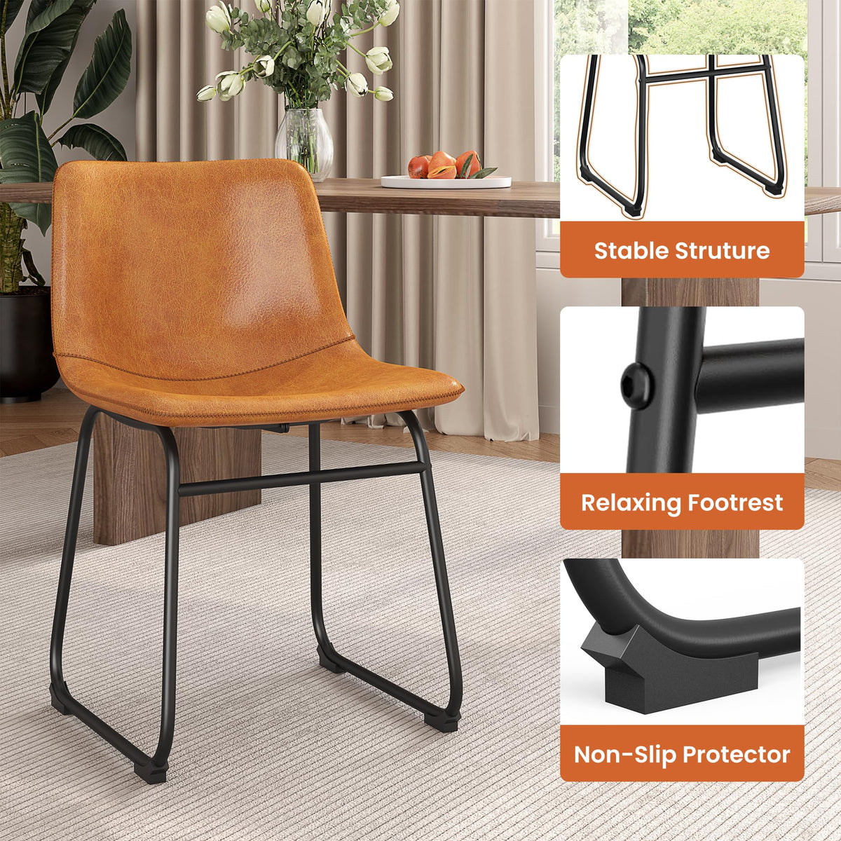Dining Chairs Set of 6, 18" PU Leather Dinner Chairs, Brown