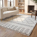 Area Rug - Moroccan Fringe Shag Collection - Large - Ivory & Grey, Boho Design, Non-Shedding & Easy Cleaning