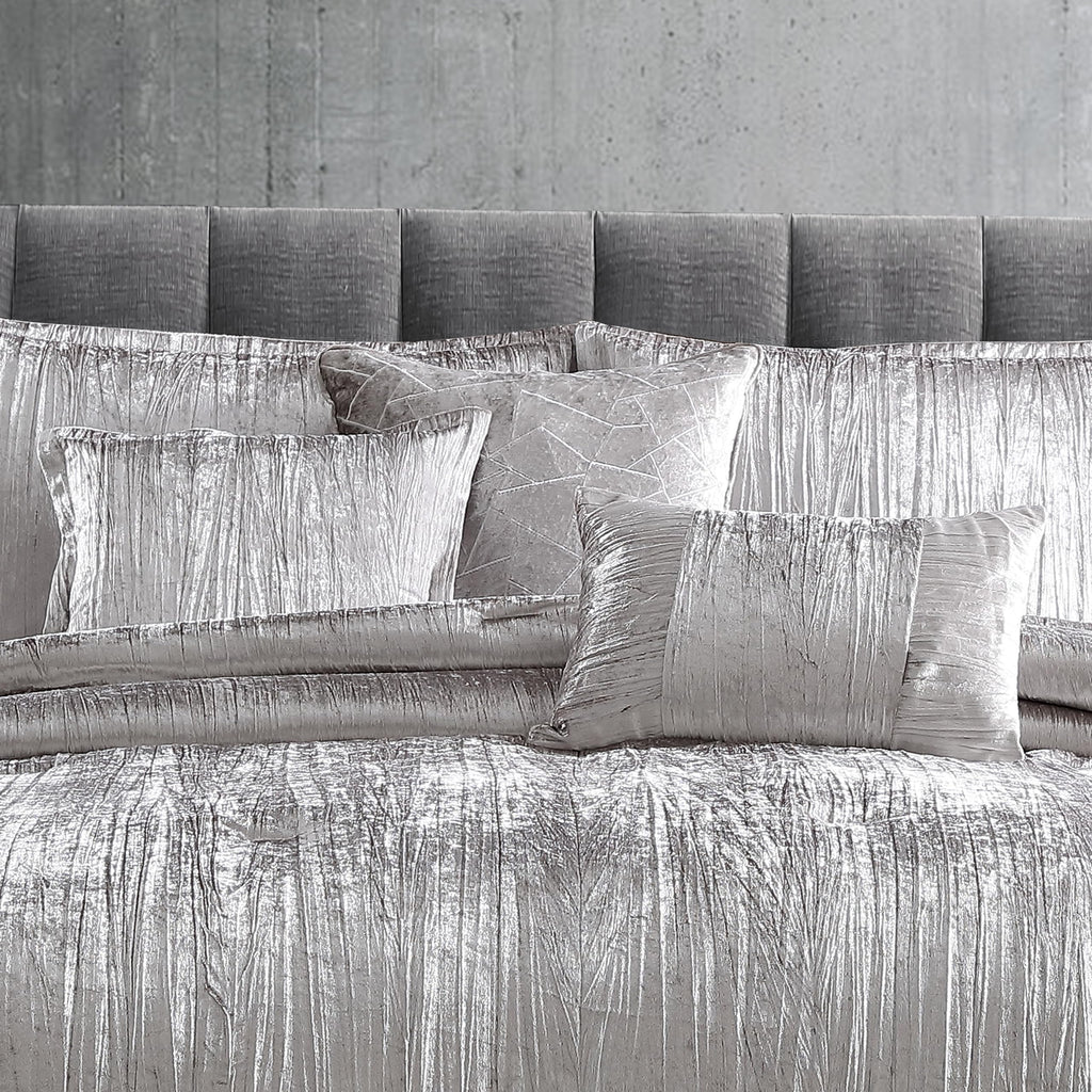 Turin Crinkle Velvet Comforter Bedding Set, Queen Size, Glam Textured Décor, Silver, 7 Pieces