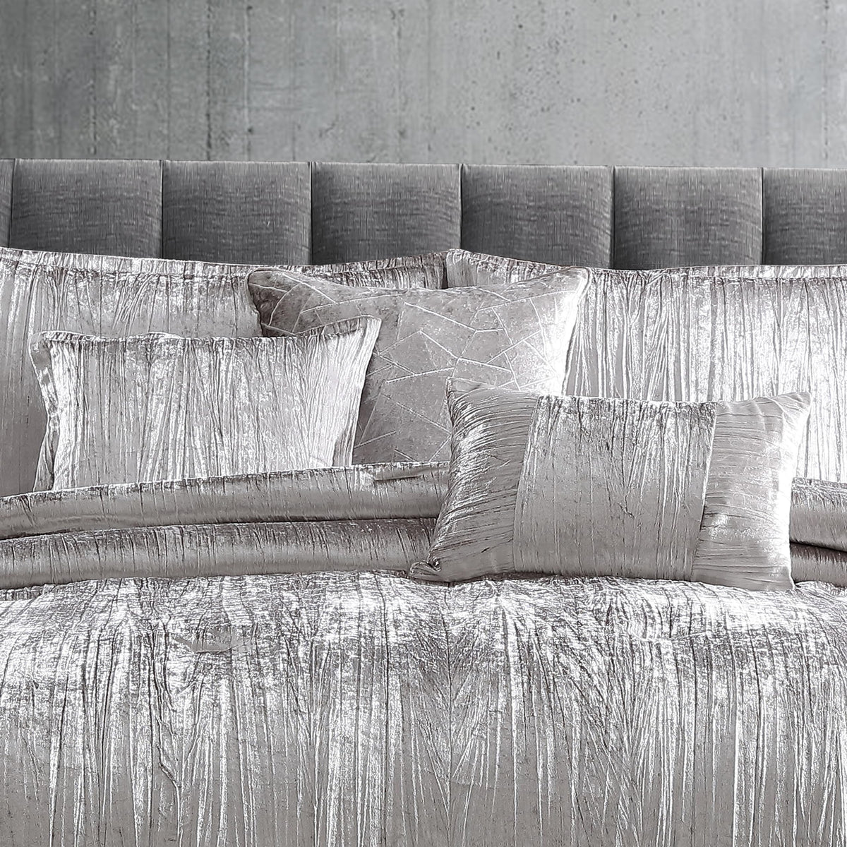 Turin Crinkle Velvet Comforter Bedding Set, Queen Size, Glam Textured Décor, Silver, 7 Pieces