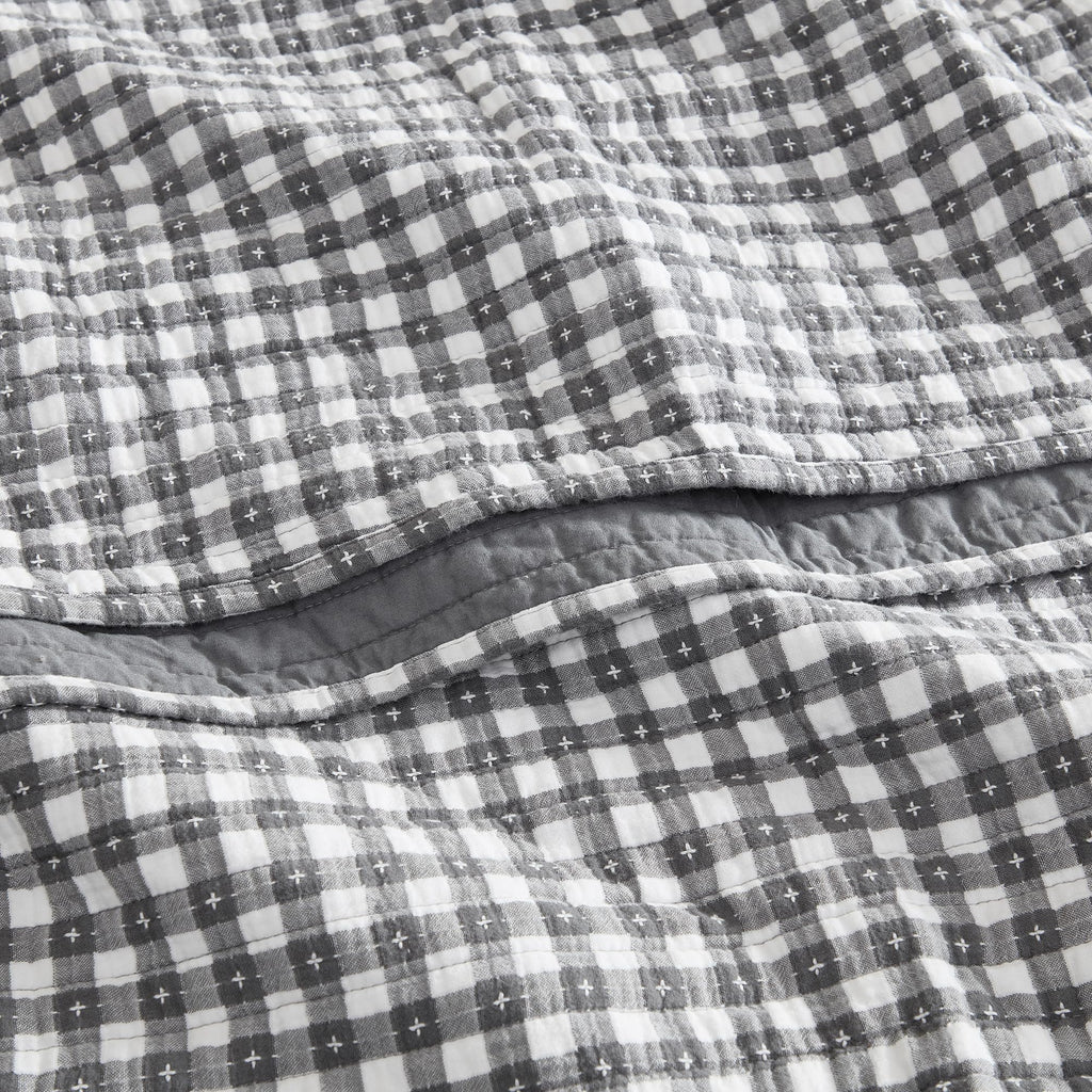 Camden Gingham Stitch Grey Quilt Set - 106x92in. Quilt and Two 20x36in. Shams - Grey and Ivory Gingham