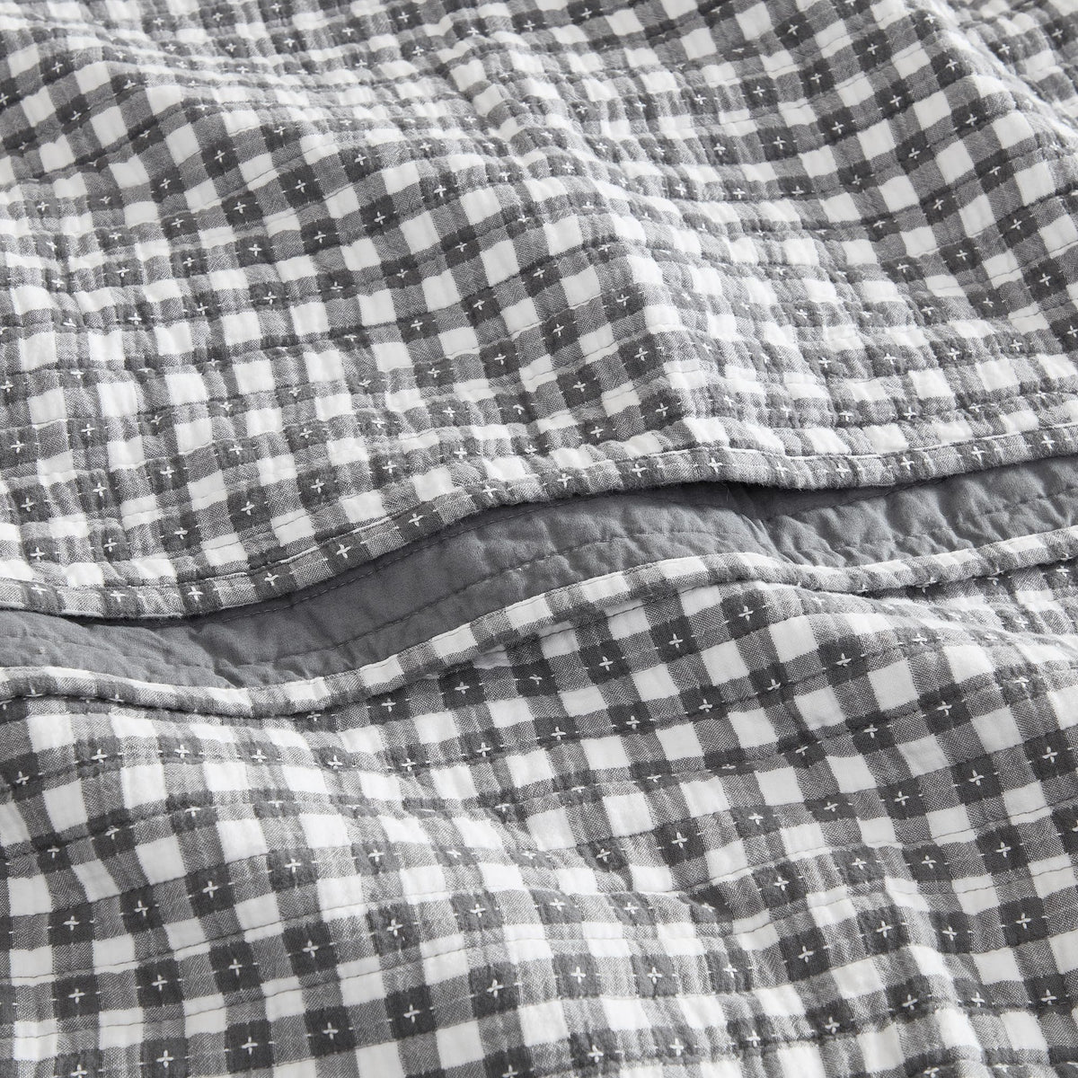 Camden Gingham Stitch Grey Quilt Set - 106x92in. Quilt and Two 20x36in. Shams - Grey and Ivory Gingham