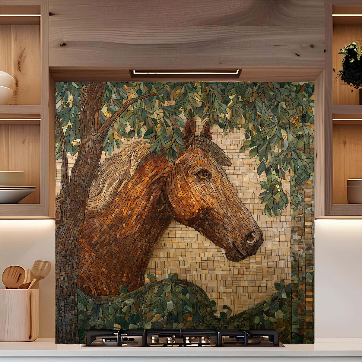 Tempered Glass Backsplash, Mosaic Look Horse Glass Backsplash, Kitchen Backsplash Behind Stove, Backsplash Wall, Easy