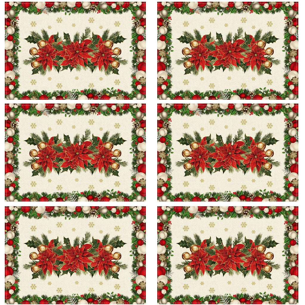 Christmas Poinsettias Leaves Bells Snowflakes Winter Xmas Placemats Set of 6 Table Mats for Party Home Kitchen Dining