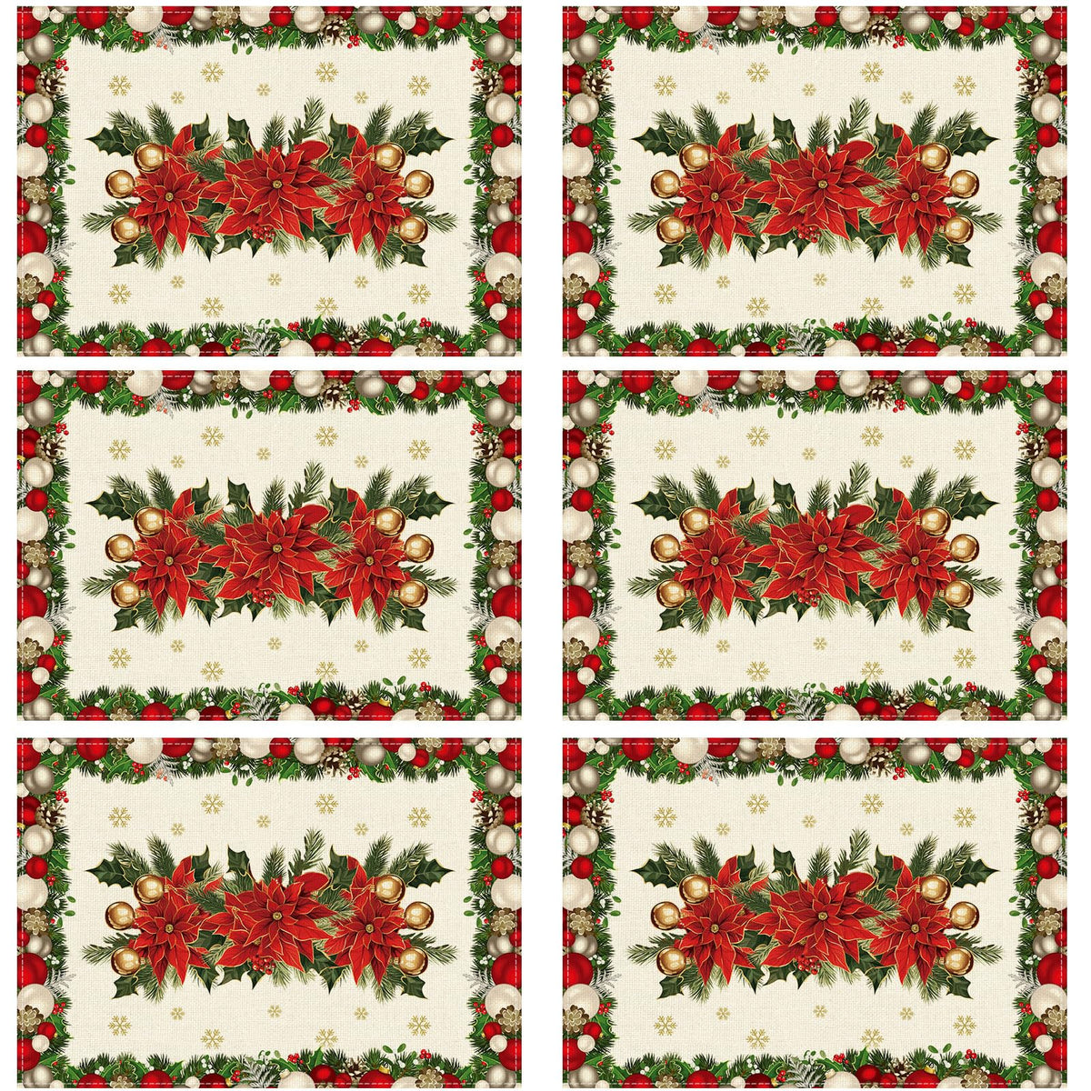 Christmas Poinsettias Leaves Bells Snowflakes Winter Xmas Placemats Set of 6 Table Mats for Party Home Kitchen Dining