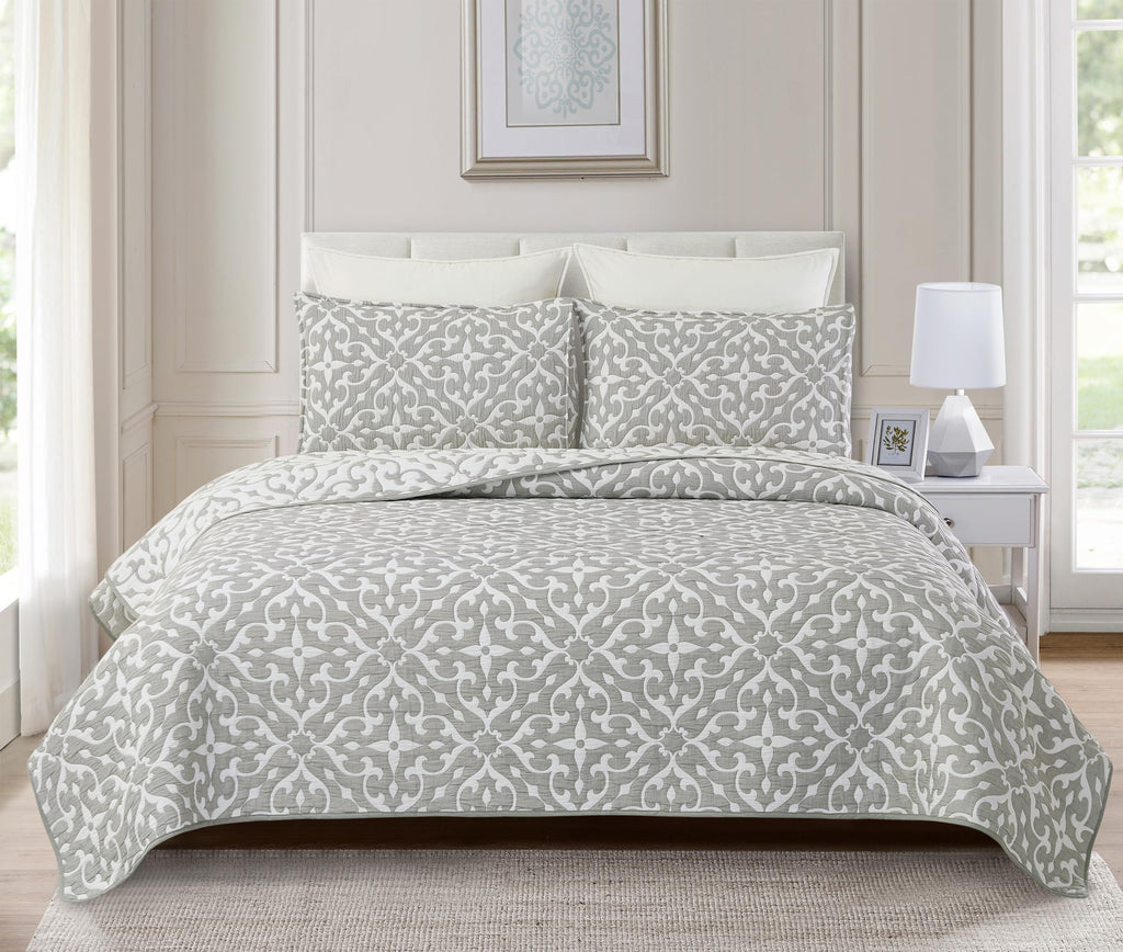 Gray & White Medallion Jacquard Reversible Bed 3 Piece Quilt Elegant 50% Cotton 50% Polyester Coverlet Bedding