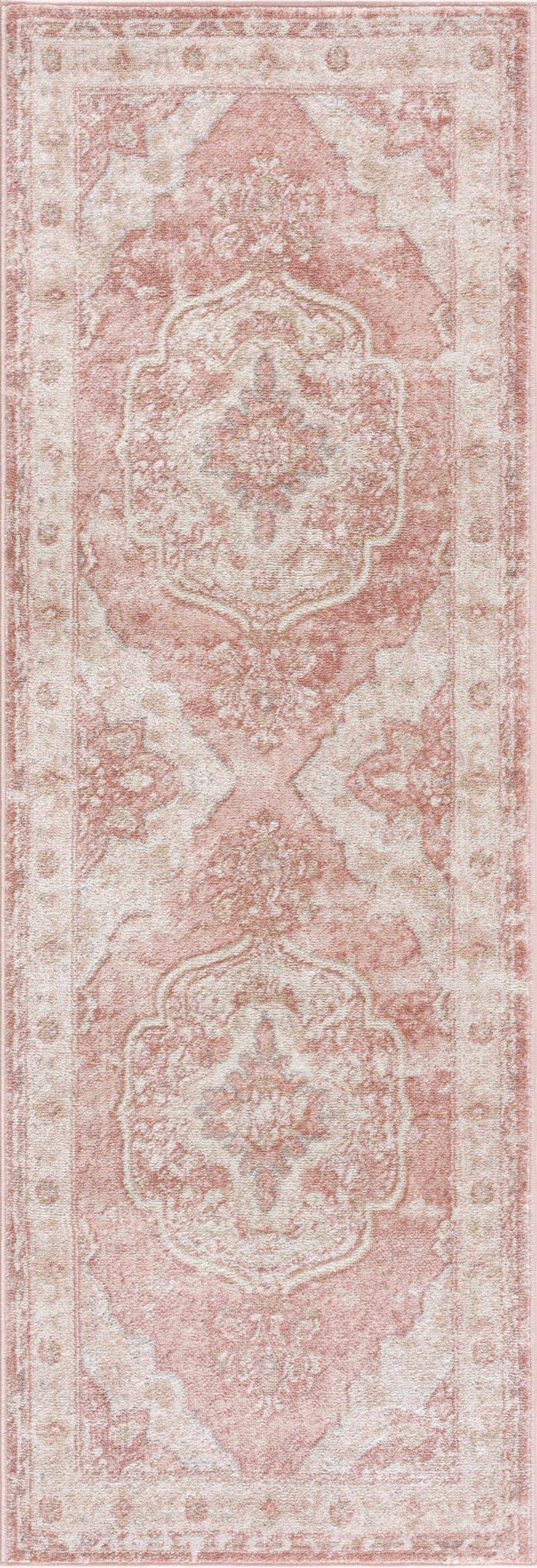 Pink Oriental Traditional Cream 7ft Runner Rug Plum Beige Floral Medallion Kandos Hallway Kitchen Corridor Stairway