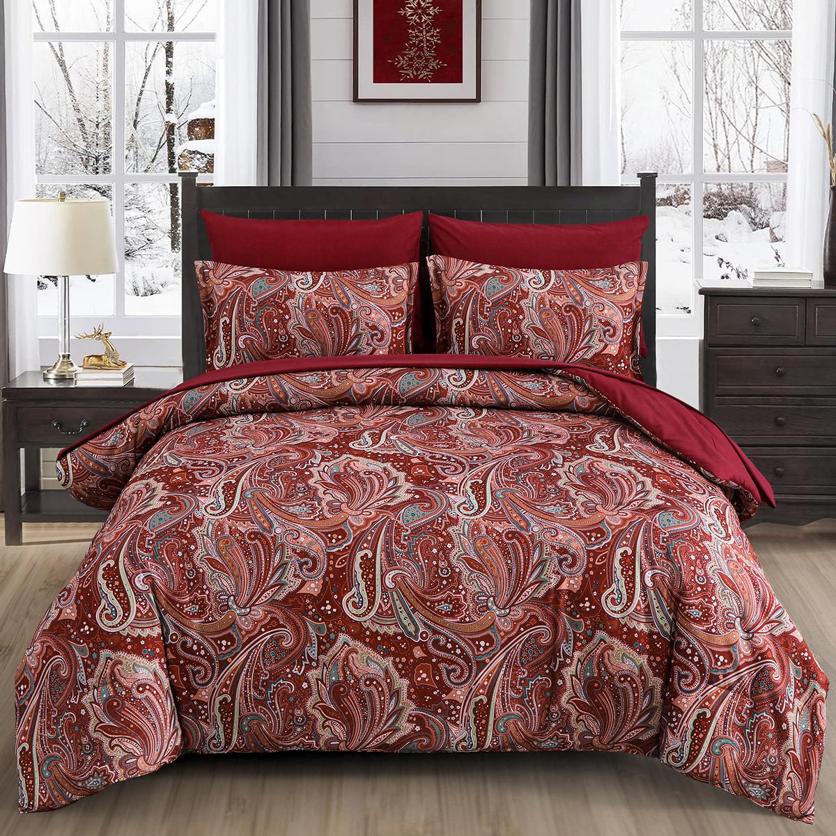 Red Paisley Comforter Set 7 Piece California King Size Bed in a Bag