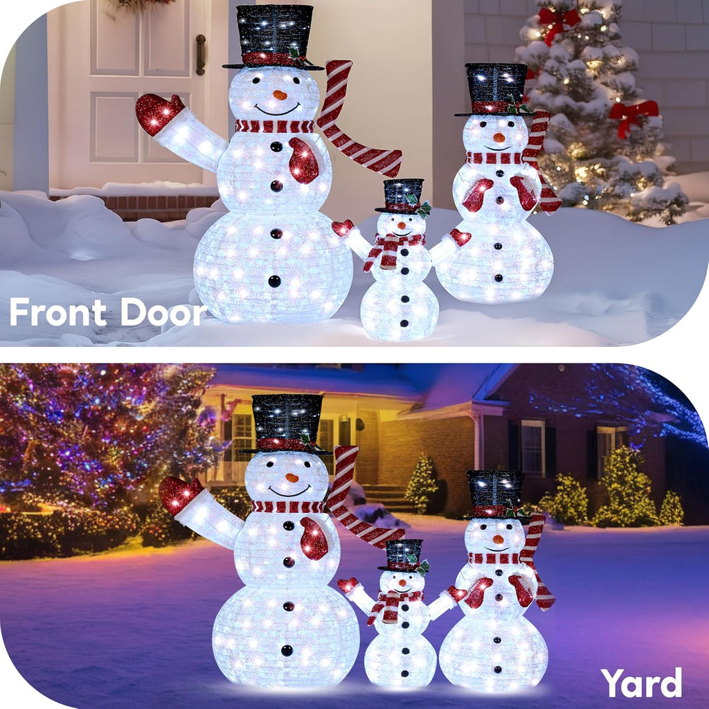 3 Pcs 3D Christmas Collapsible Snowman Yard Light 270 Pre-Lit LED Cool White Lights for Indoor Outdoor Garden Holiday