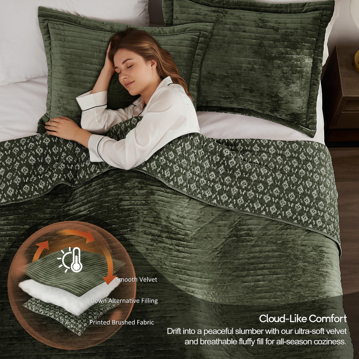 Green Velvet Quilt Set - Striped Soft Lightweight Bedspread