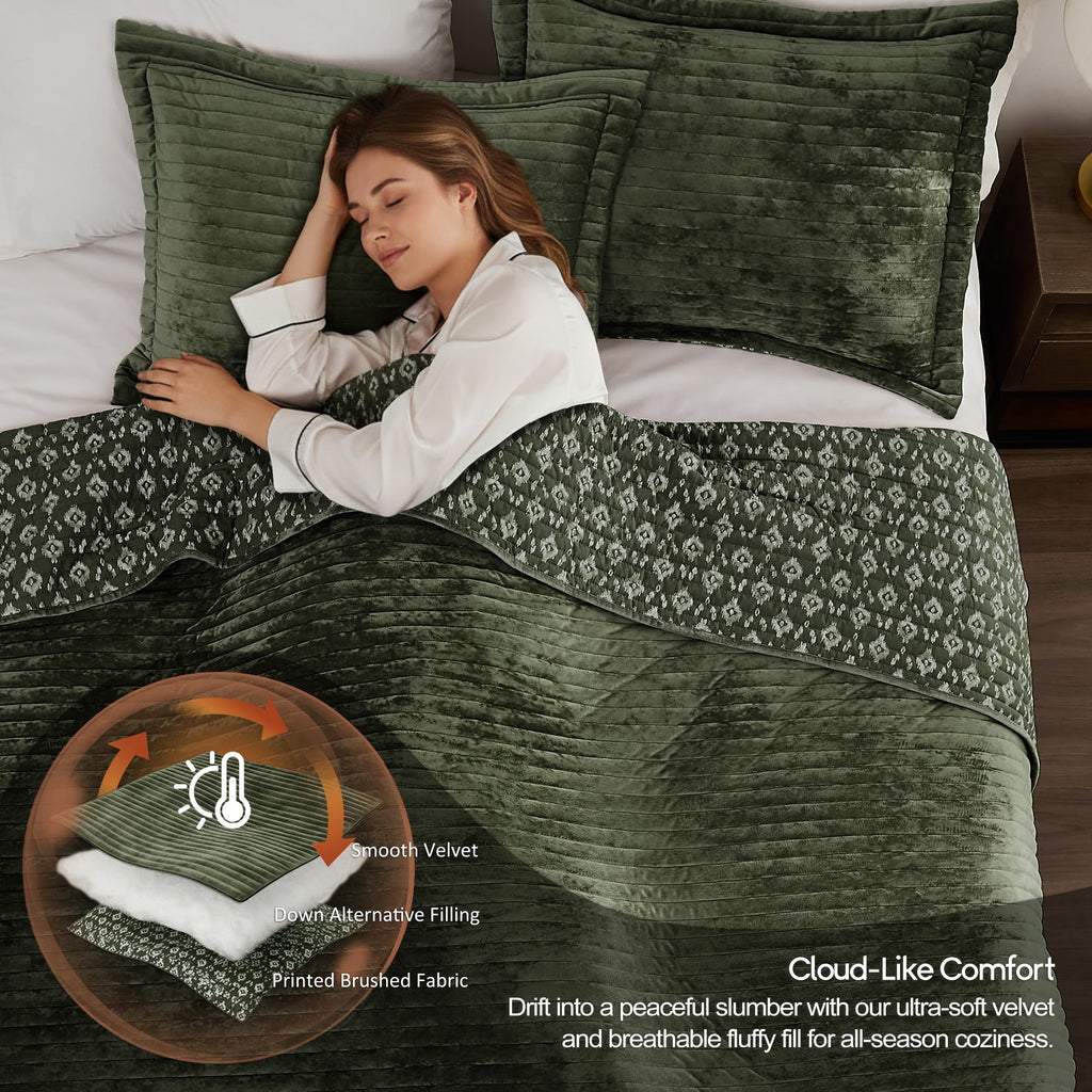 Green Velvet Quilt Set - Striped Soft Lightweight Bedspread, Neutral Channel Farmhouse Country Rustic
