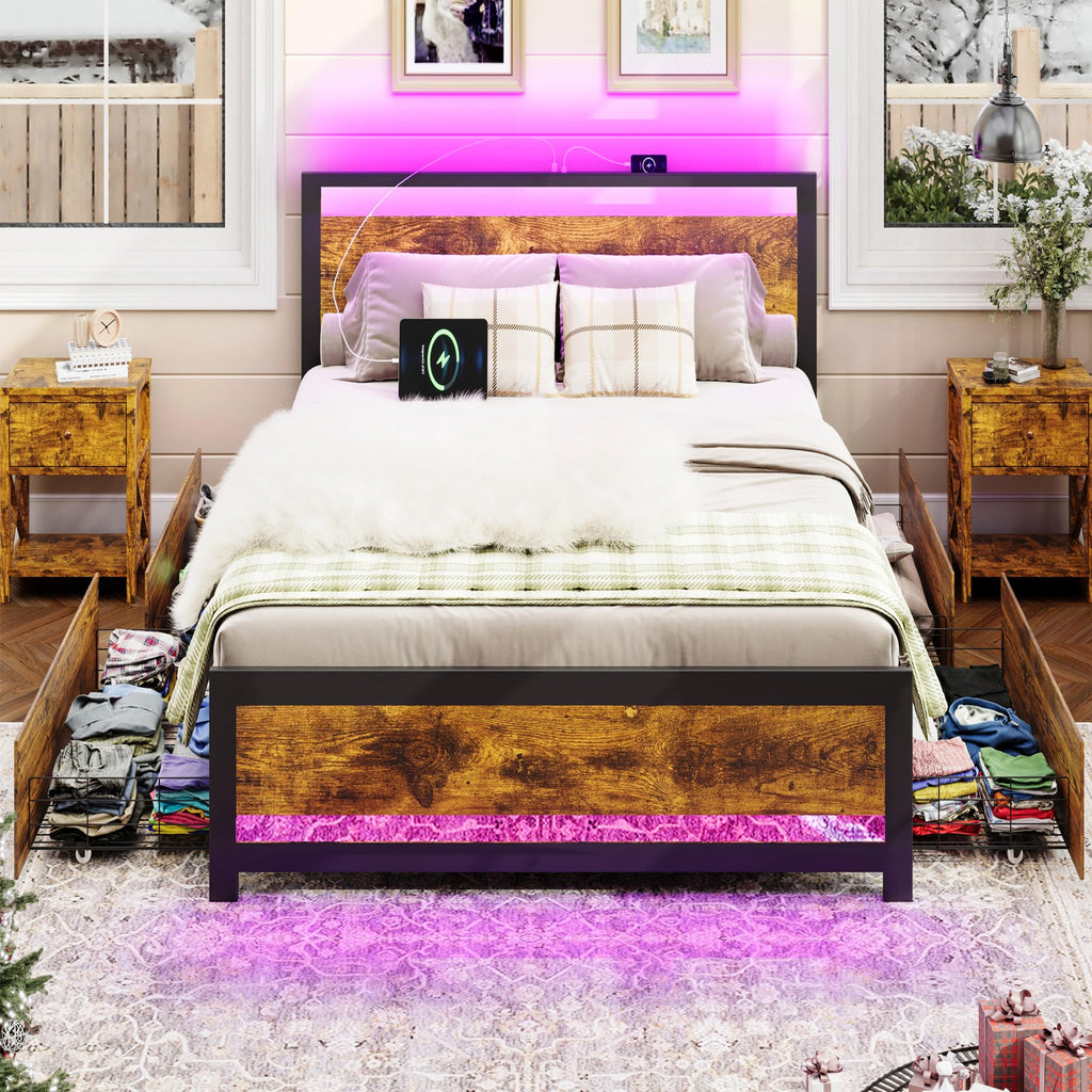 Farmhouse Bed Frame with Storage and 4 Drawers, Rustic Led Bed Frame with Headboard and Charging Station