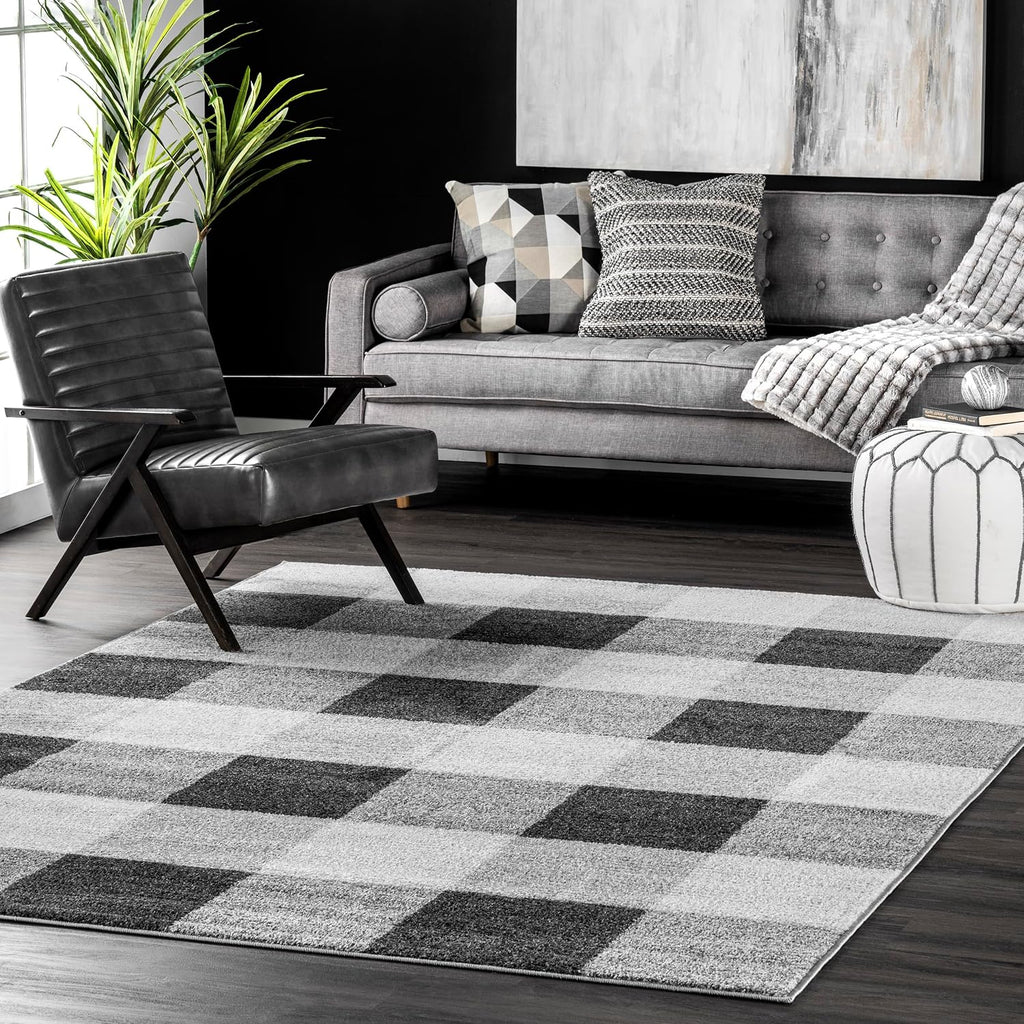 Aisha Grey Plaid Power Loomed Area Rug