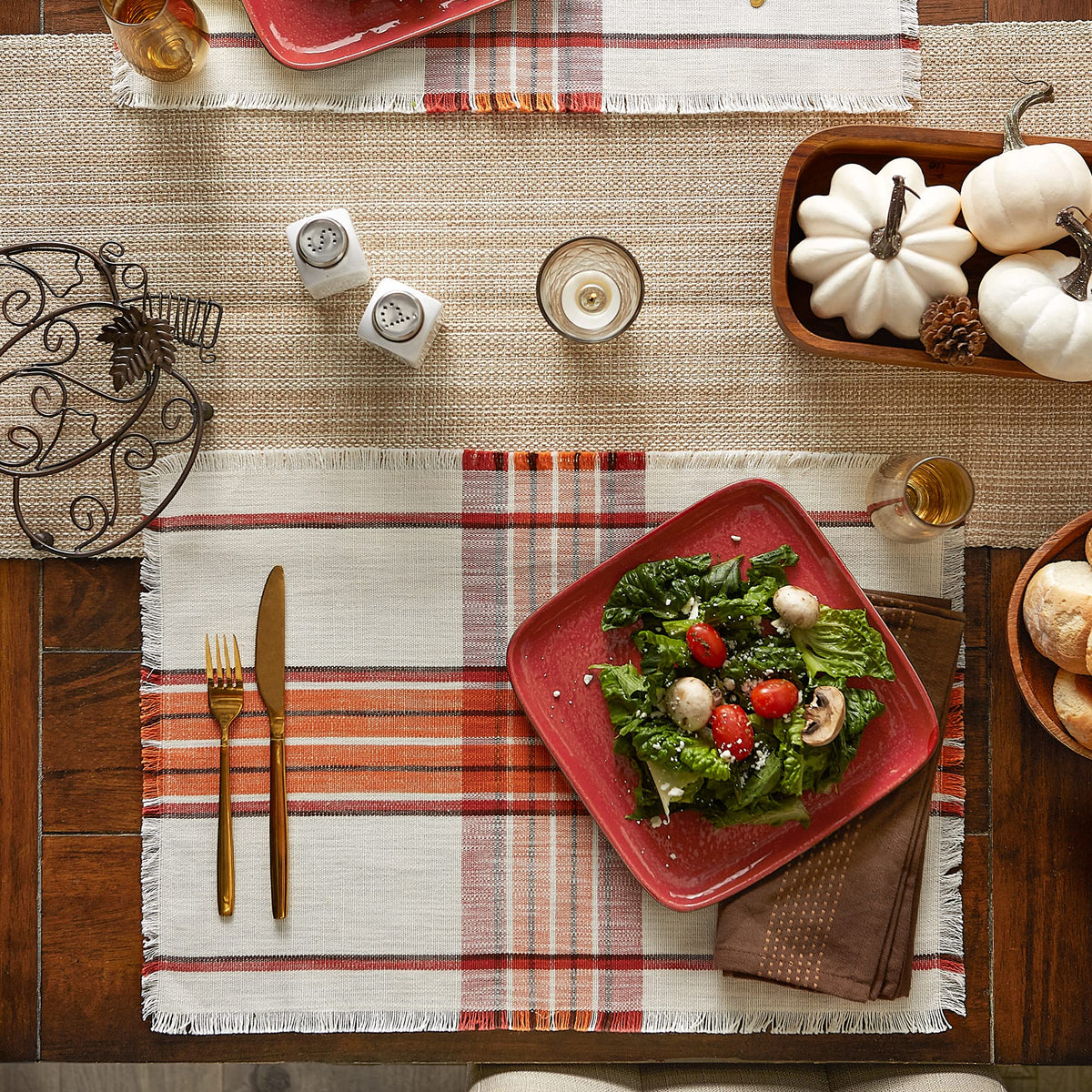 Thanksgiving & Fall Table Decoration Autumn Farmhouse Plaid, Placemat Set, 13x19, Pumpkin Spice Orange, 6 Count