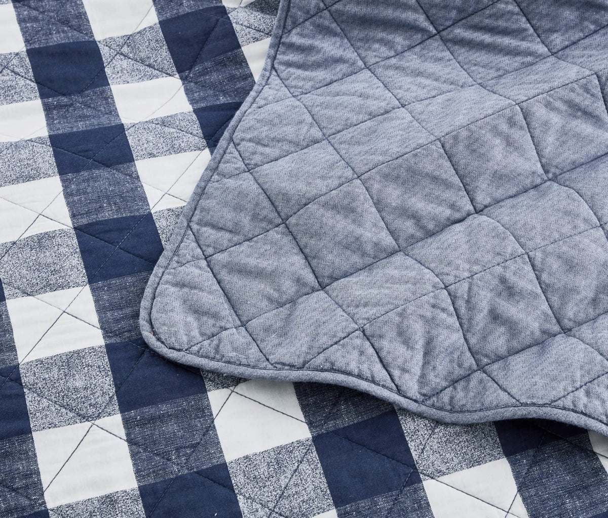 3-Piece Blue White Plaid Cotton Quilt Set - Buffalo Check Solid Reversible Bedspread - Pre-Washed Cotton Lightweight