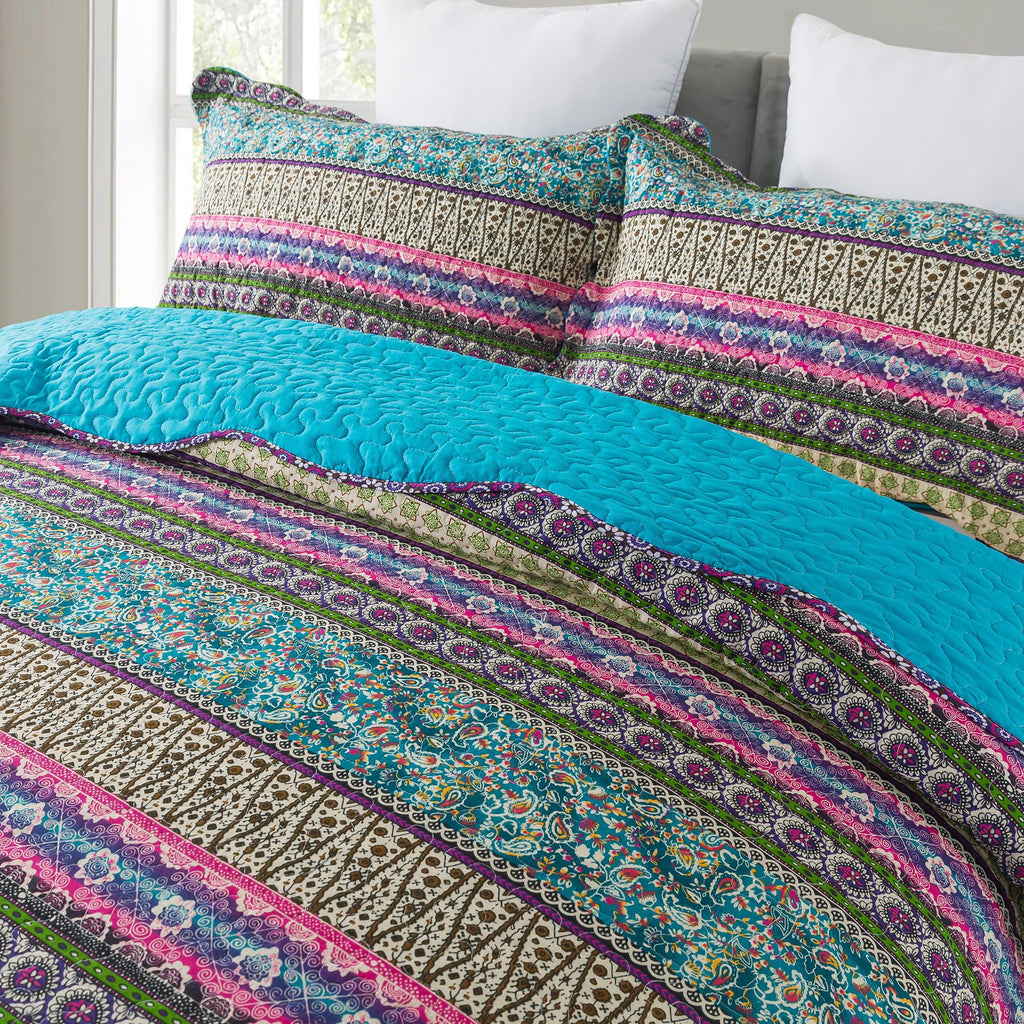 Cotton Bedspread Quilt Sets - Reversible Patchwork Coverlet Set, Striped Jacquard Pattern