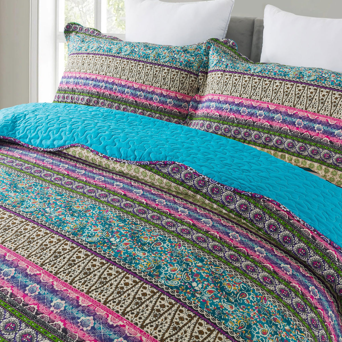 Cotton Bedspread Quilt Sets - Reversible Patchwork Coverlet Set, Striped Jacquard Pattern