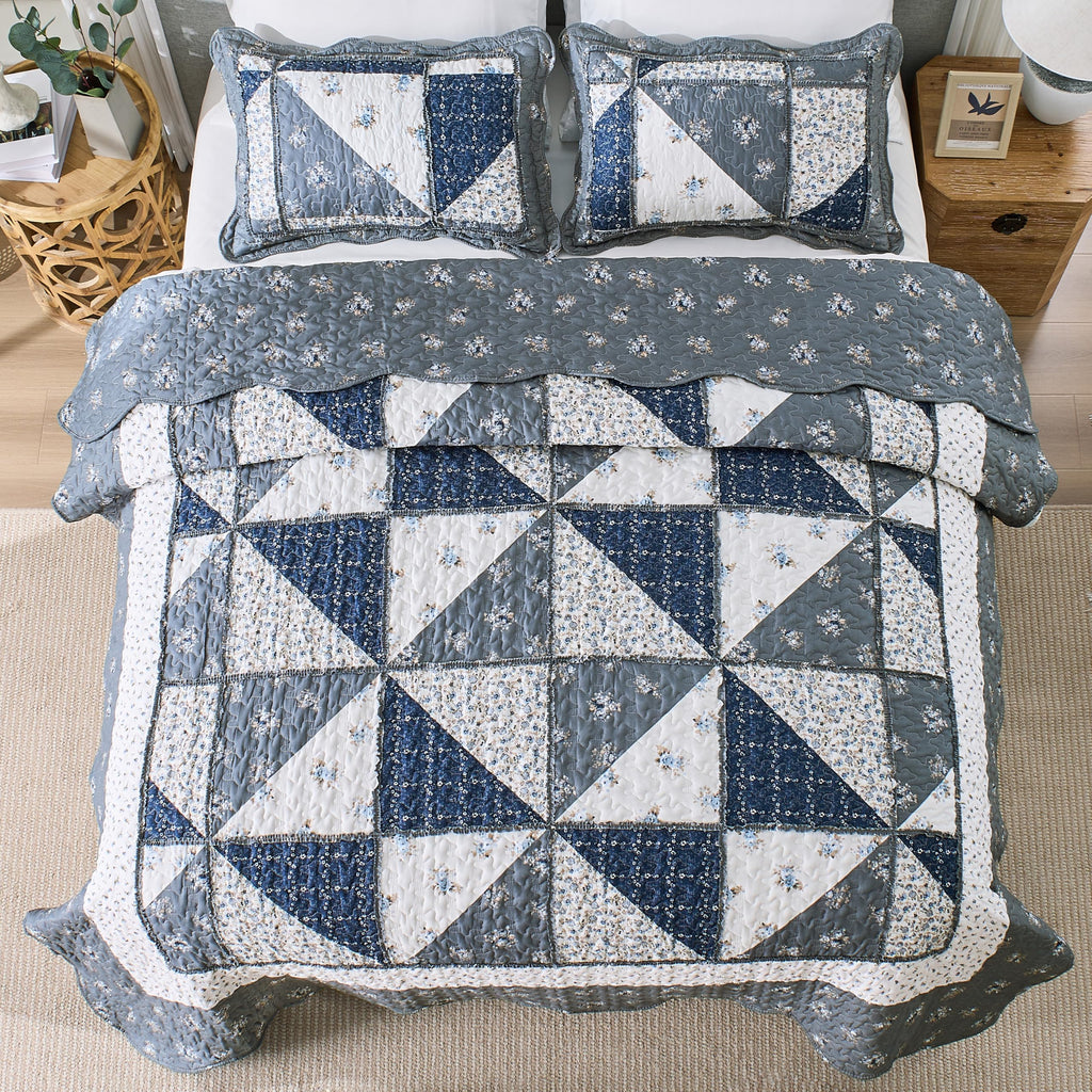 Quilt Bedding Set Grey Floral Patchwork Quilted Bedspread Set