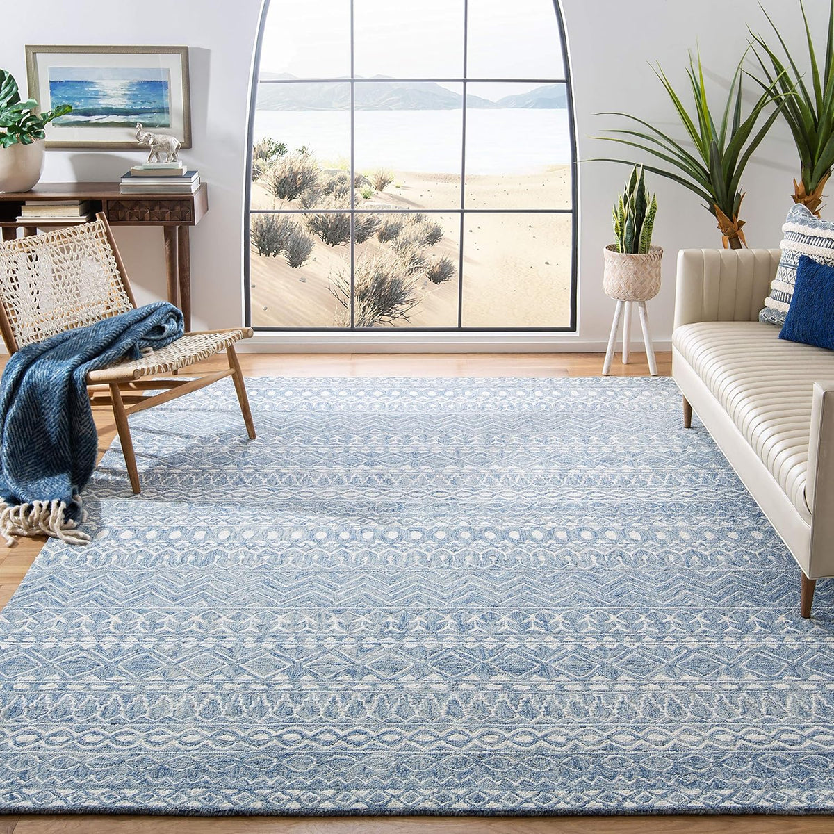Micro-Loop Area Rug, Blue & Ivory, Handmade Moroccan Boho Tribal Wool