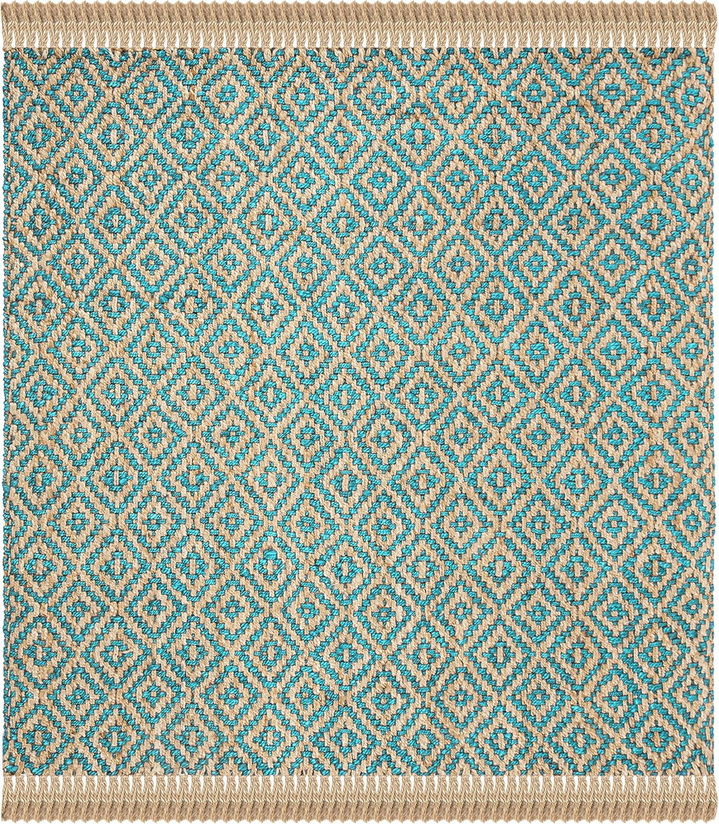 Natural Fiber Collection Area Rug - 6' Square, Turquoise & Natural, Handmade Boho Diamond Tassel Jute, Ideal for High