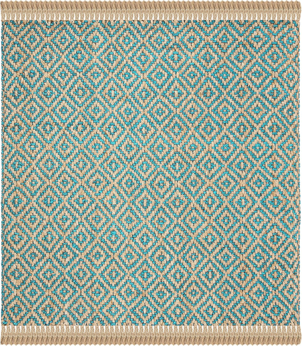 Natural Fiber Collection Area Rug - 6' Square, Turquoise & Natural, Handmade Boho Diamond Tassel Jute, Ideal for High