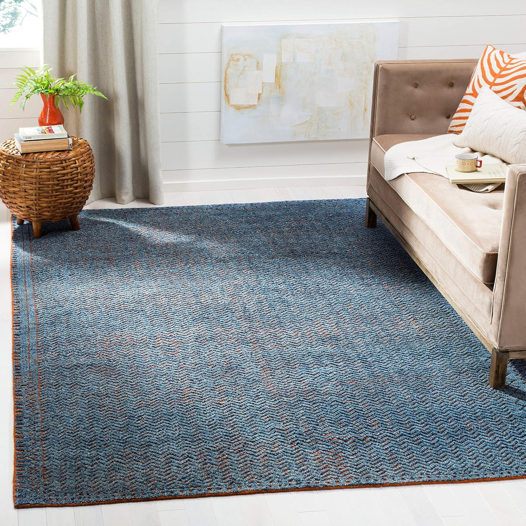 Castilla Collection Area Rug, Blue & Rust, Hand-Knotted Modern Wool, Ideal for High Traffic Areas in