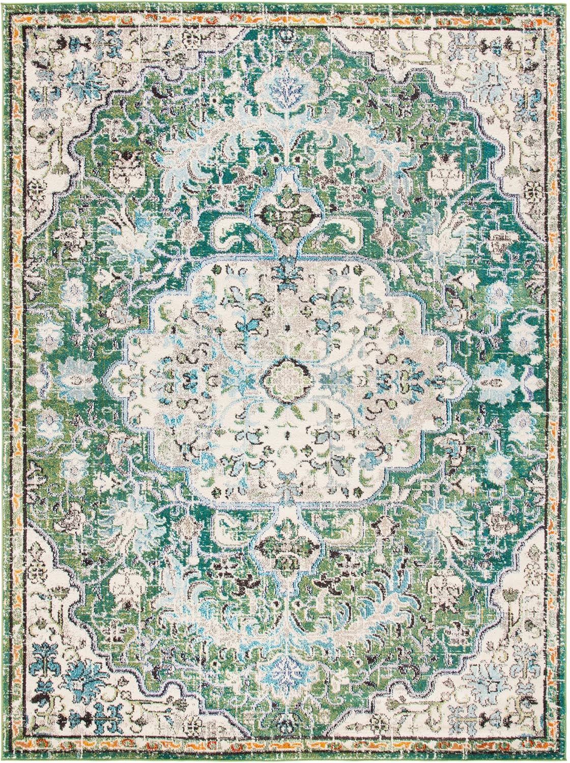 Madison Collection X-Large Area Rug, Green & Turquoise, Medallion Distressed Design, Non-Shedding & Easy