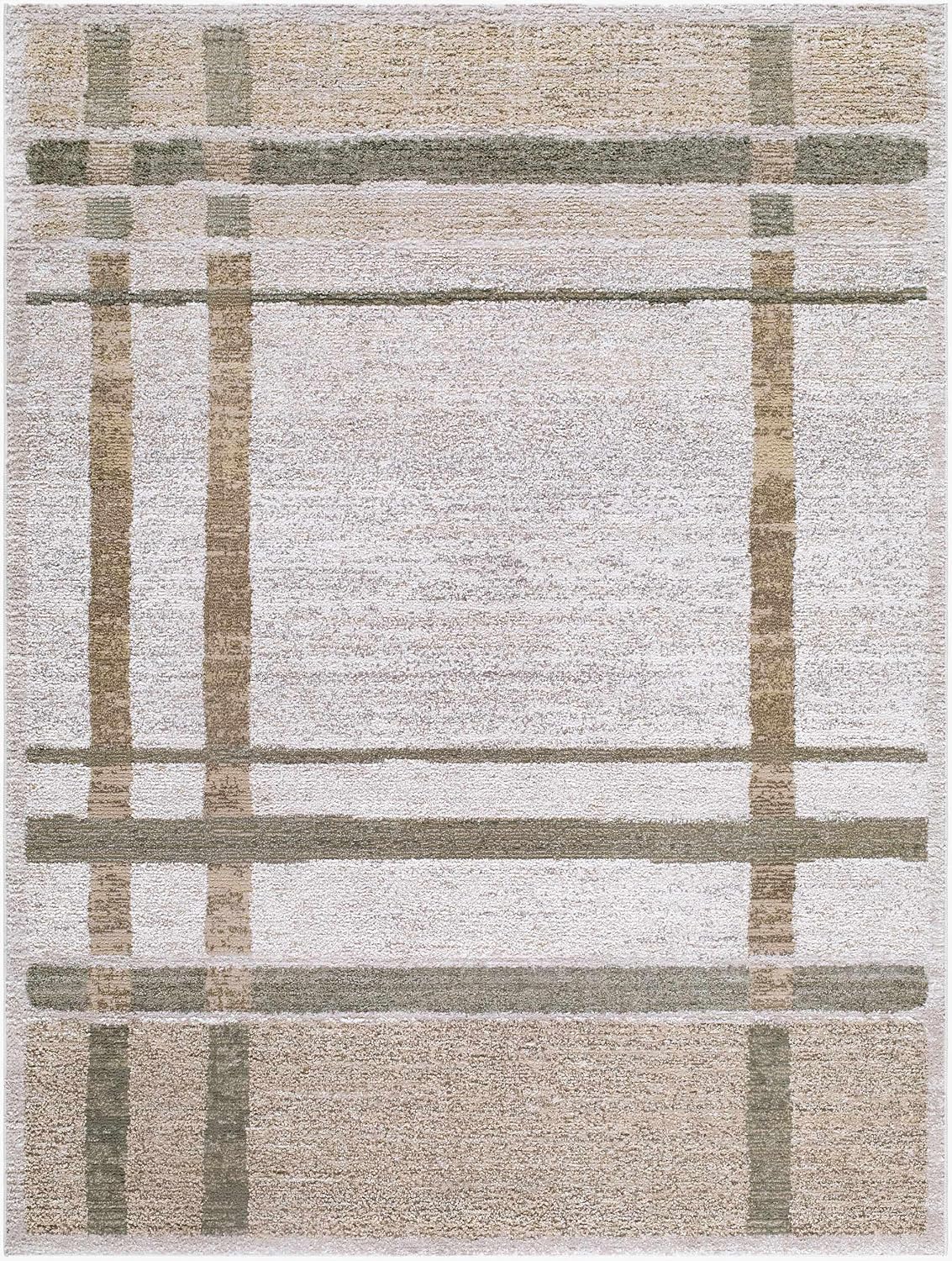 Harini Living Room, Bedroom Area Rug - Plaid Striped Geometric Border - Bohemian Transitional Modern Contemporary