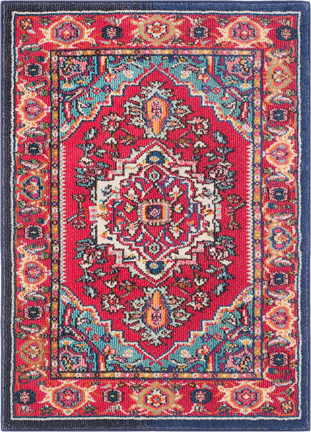 Monaco Collection Accent Rug - 3' x 5', Red & Turquoise, Boho Oriental Medallion Design, Non-Shedding & Easy Care