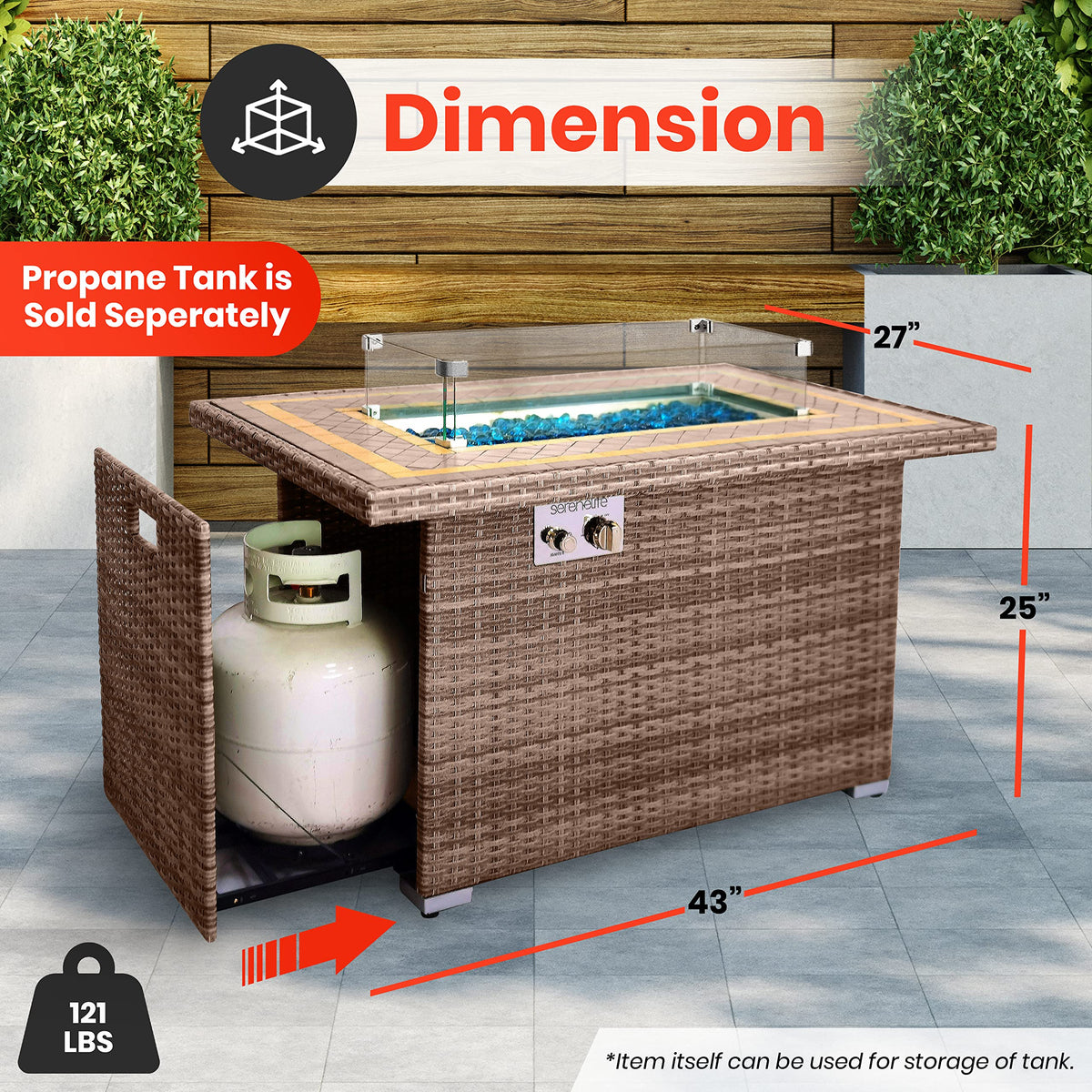 Outdoor Propane Fire Pit Table- 50, 000 BTU Auto-Ignition Gas Fire Pit w/Glass Wind Guard, Mosaic Tabletop with