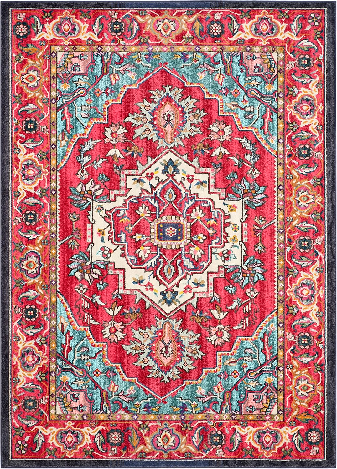 Monaco Collection Area Rug, Red & Turquoise, Boho Oriental Medallion Design, Non-Shedding & Easy Care