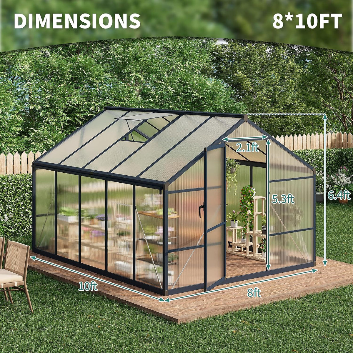8x10ft Walk-in Greenhouse, Heavy Duty Large Outdoor Green House | Polycarbonate Garden Greenhouse with Roof Vent