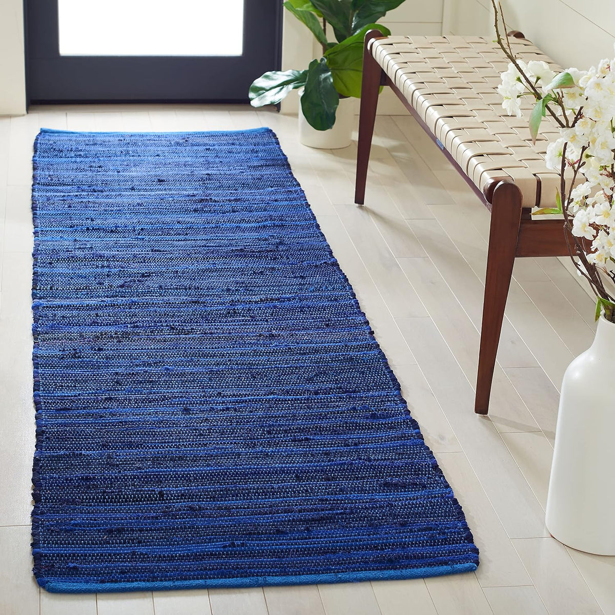 Rag Rug Collection Runner Rug - 2'3" x 11', Blue & Multi, Handmade Cotton, Boho Stripe Pattern, Ideal, Foyer