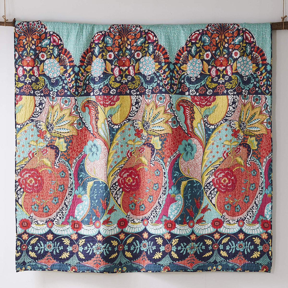 Jules Quilt Set - Quilt (106x92in.) + Two Pillow Shams (36x20in.) - Bohemian - Teal, Orange