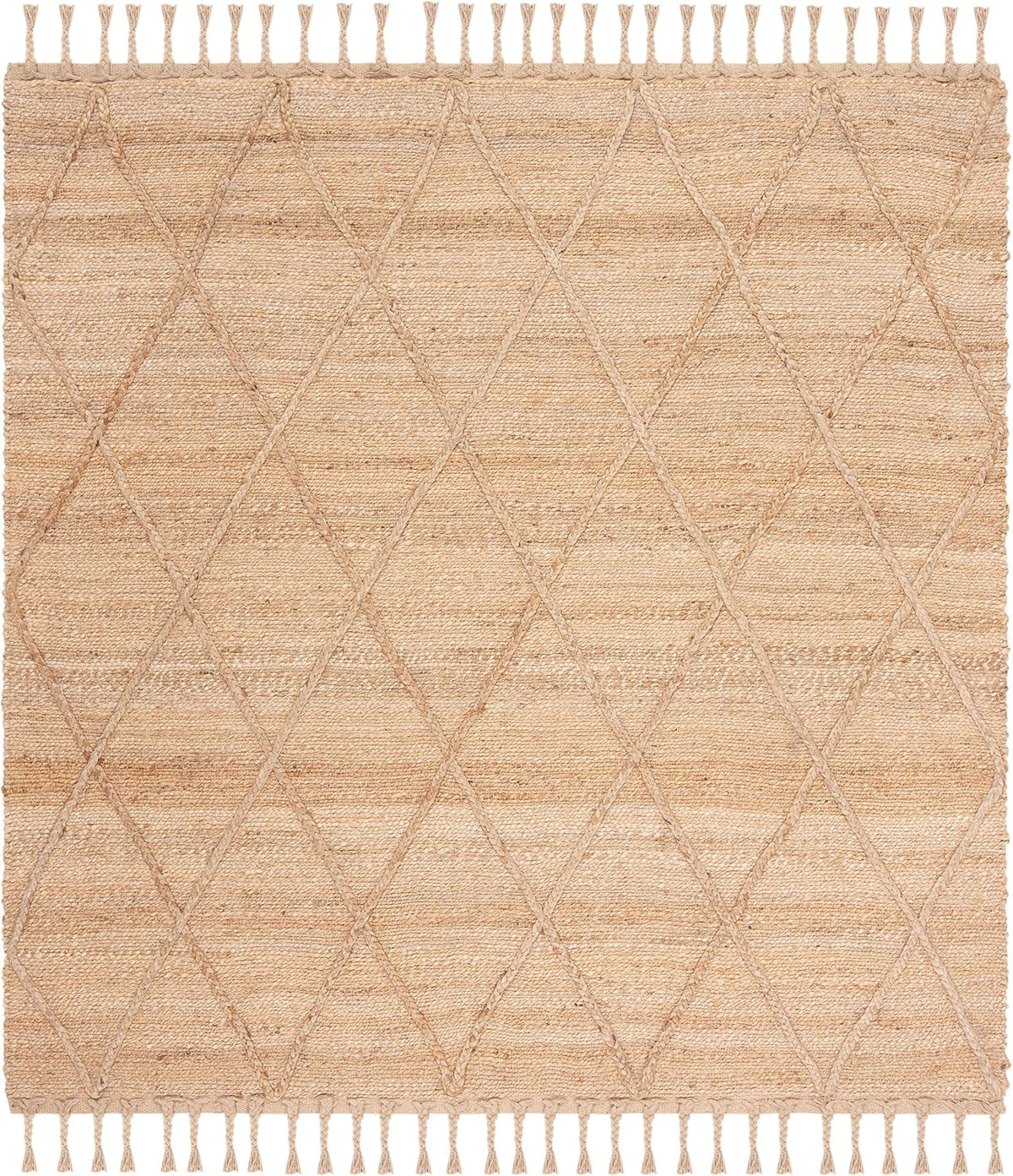 Natural Fiber Collection Area Rug - 4' Square, Natural, Farmhouse Rustic Moroccan Trellis Braided Tassel Jute Design