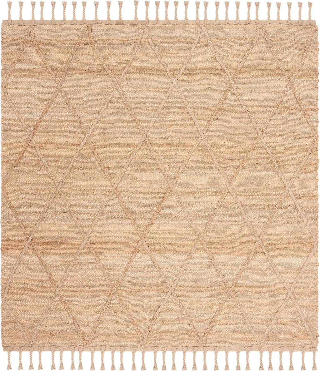 Natural Fiber Collection Area Rug - 4' Square, Natural, Farmhouse Rustic Moroccan Trellis Braided Tassel Jute Design