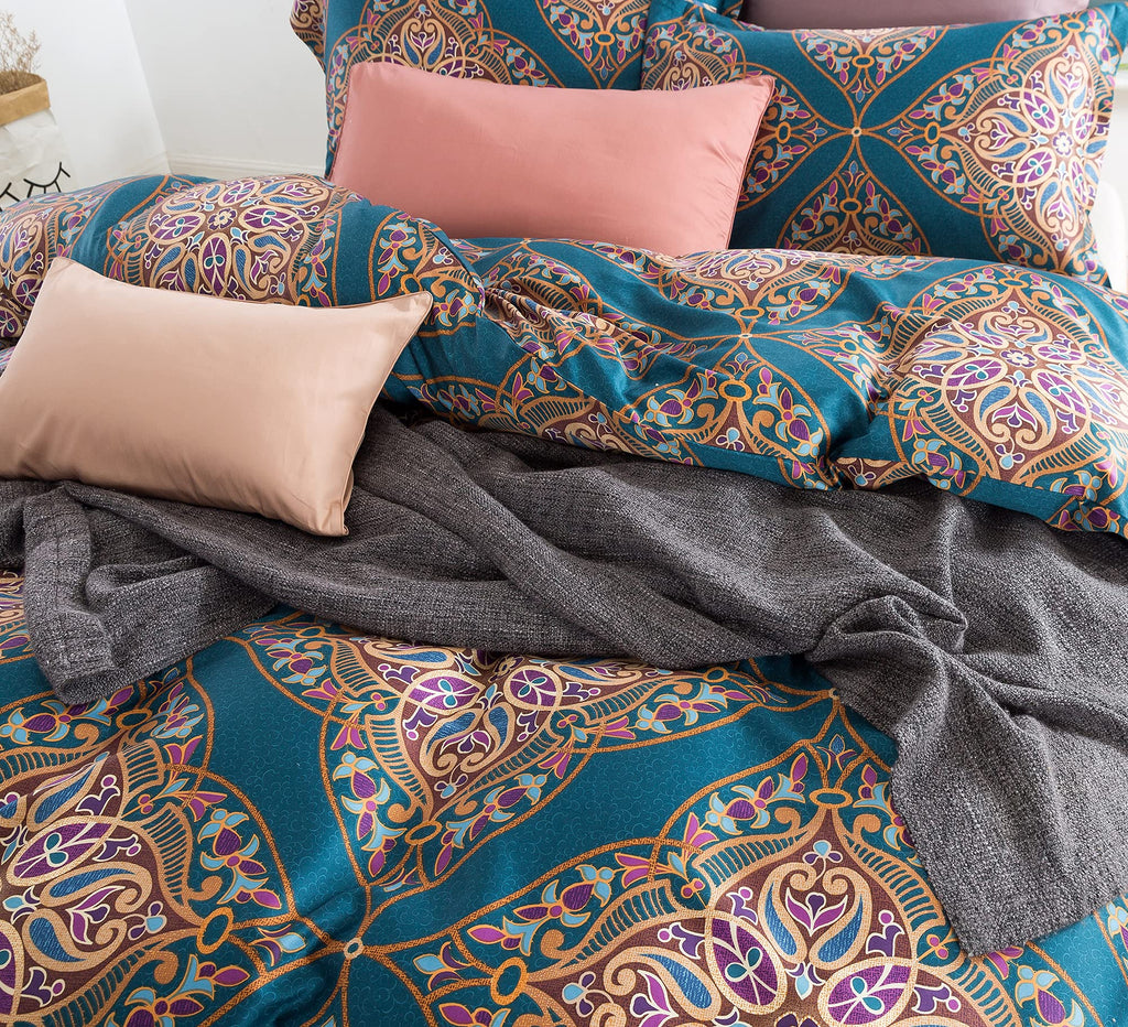 Venetian Damask Bohemian Paisley Duvet Cover Set Boho Chic Watercolor Medallion Egyptian Cotton Sateen Luxury