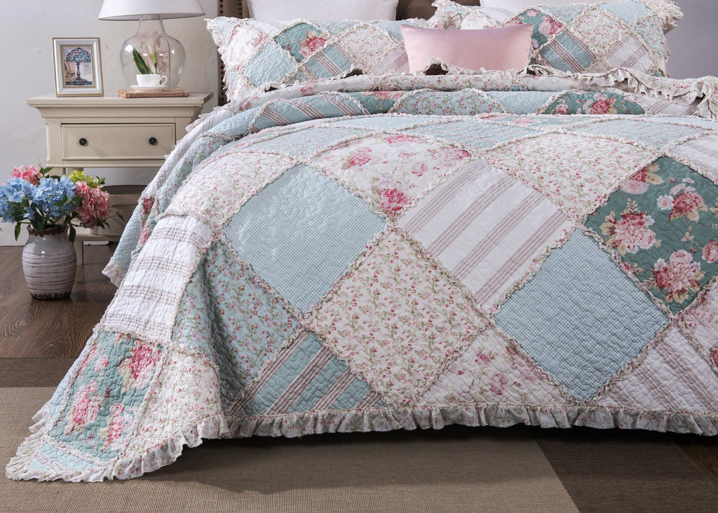 Cottage Floral Patchwork Bedspread Set - Hint of Mint Dainty Quilted Cotton Blooming Garden Botanical - Multi