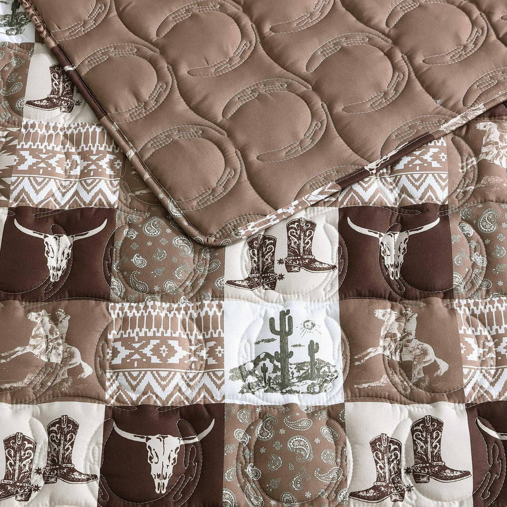 Quilt Set with Matching Shams, Soft & Reversible Bedding for Year Round Comfort, Fall Western Patch Brown