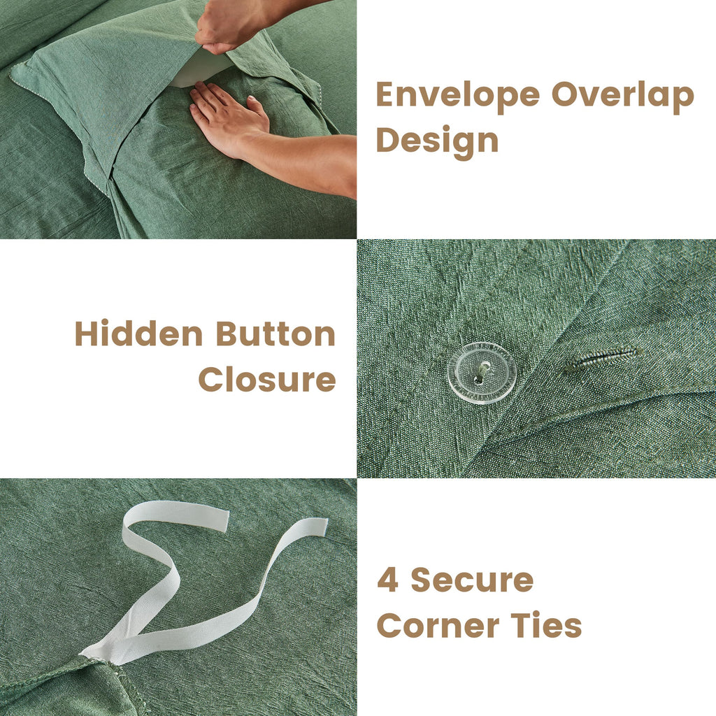 100% Washed Cotton Duvet Cover Set 3 Pieces with Triangle Hem Solid Colour Linen Durable, Breathable, Soft